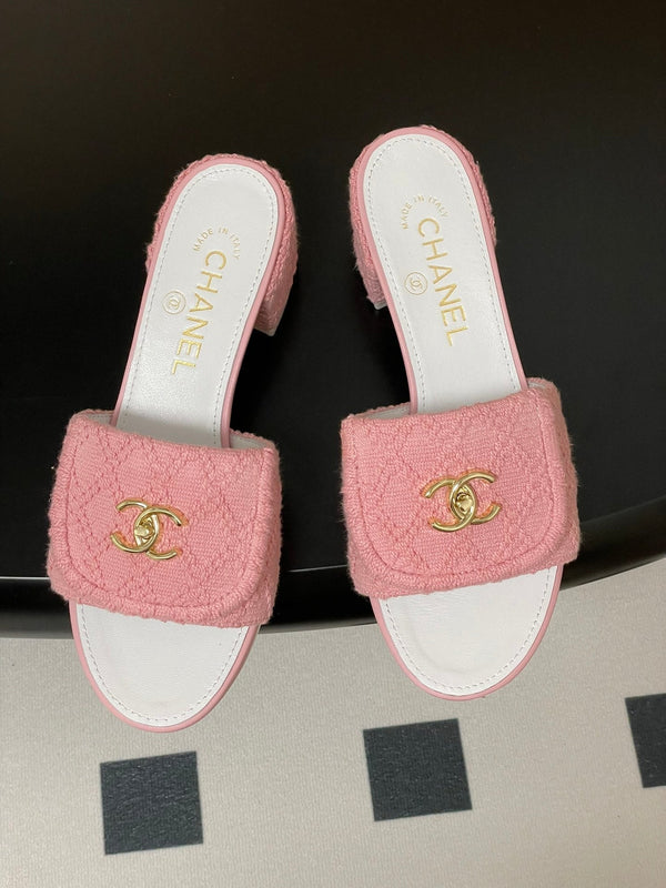 CC 25S Buckle Bag Mule Sandal 50mm Pink Fabric and White Sheepskin 247602