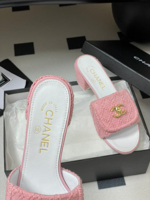 CC 25S Buckle Bag Mule Sandal 50mm Pink Fabric and White Sheepskin 247602