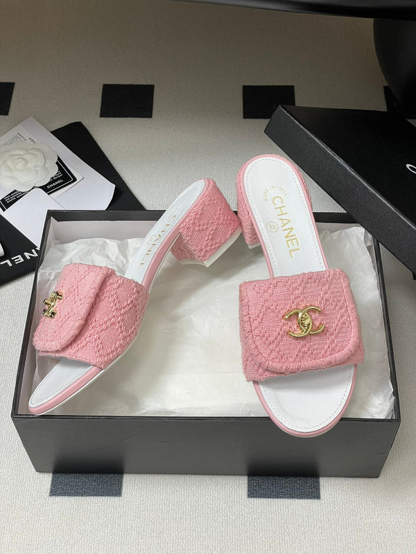 CC 25S Buckle Bag Mule Sandal 50mm Pink Fabric and White Sheepskin 247602