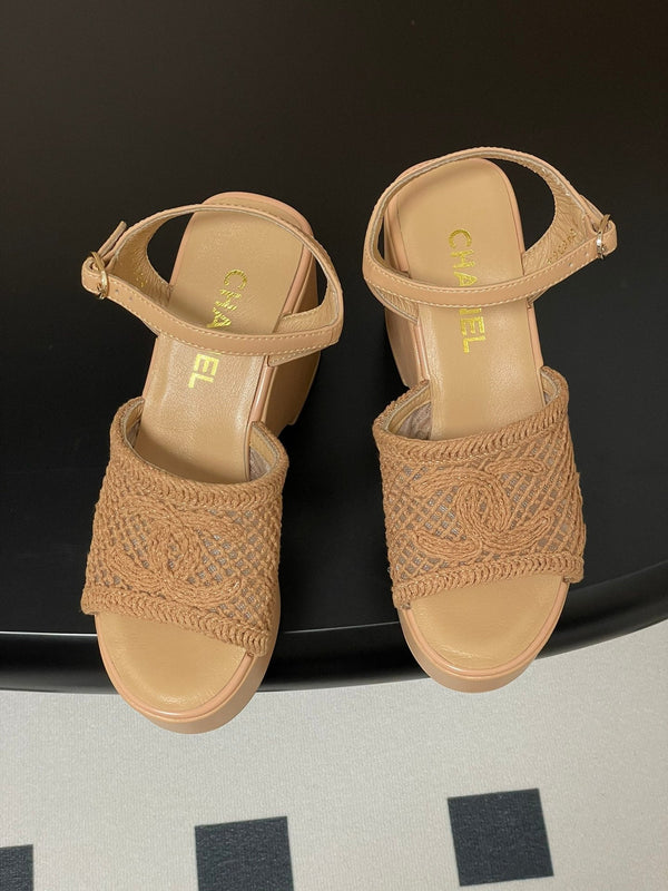 CC 25S Small Wedge Thick-Soled Sandal 10cm Beige Woven 247603
