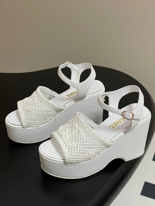 CC 25S Small Wedge Thick-Soled Sandal 10cm White Woven 247605