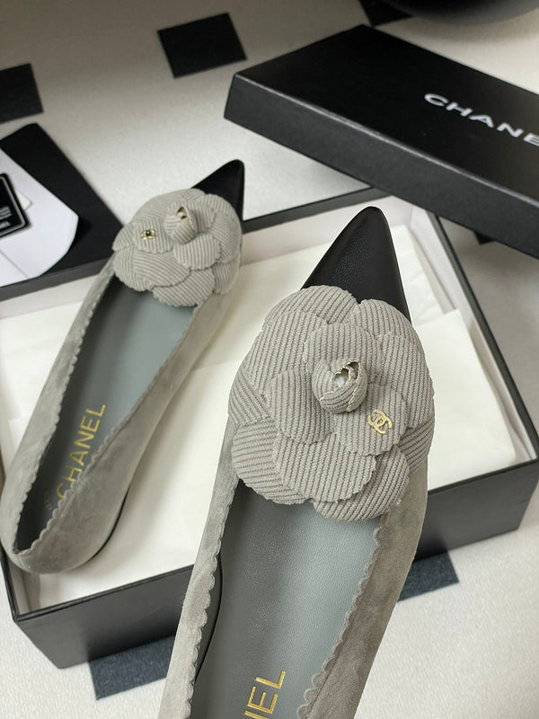 CC 25C Classic Camellia Pointed High Heels Flat 15mm Grey Suede 247607