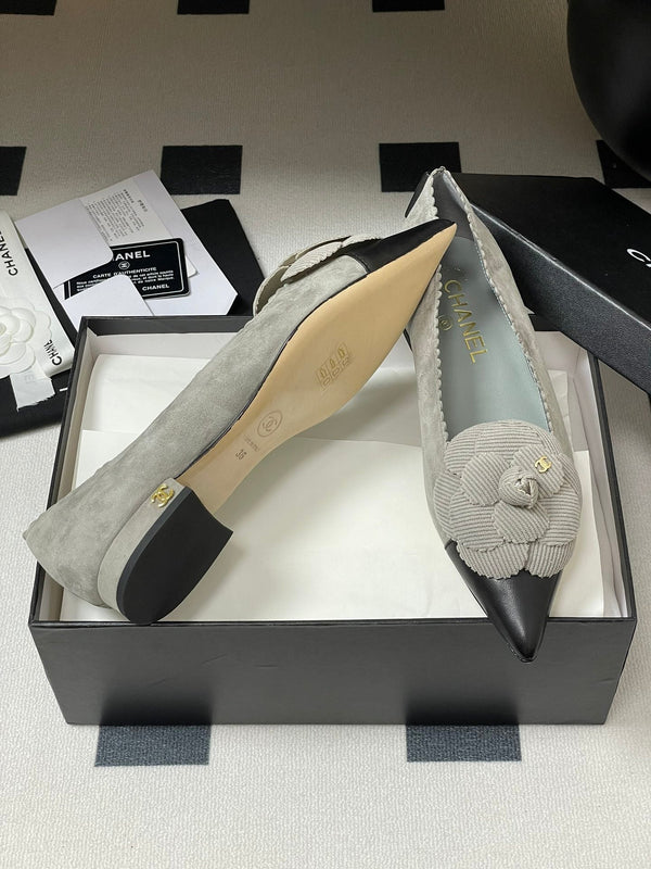CC 25C Classic Camellia Pointed High Heels Flat 15mm Grey Suede 247607