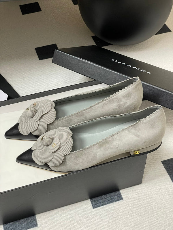 CC 25C Classic Camellia Pointed High Heels Flat 15mm Grey Suede 247607