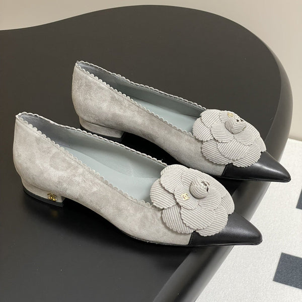 CC 25C Classic Camellia Pointed High Heels Flat 15mm Grey Suede 247607