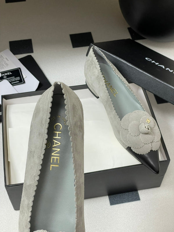 CC 25C Classic Camellia Pointed High Heels Flat 15mm Grey Suede 247607