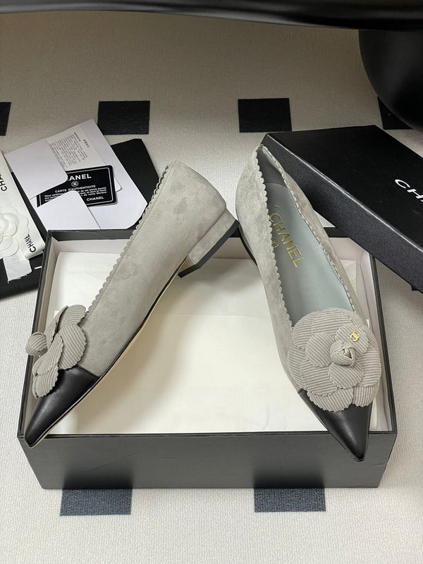 CC 25C Classic Camellia Pointed High Heels Flat 15mm Grey Suede 247607