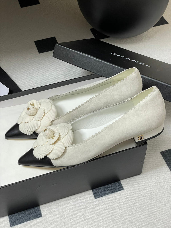 CC 25C Classic Camellia Pointed High Heels Flat 15mm White Suede 247609