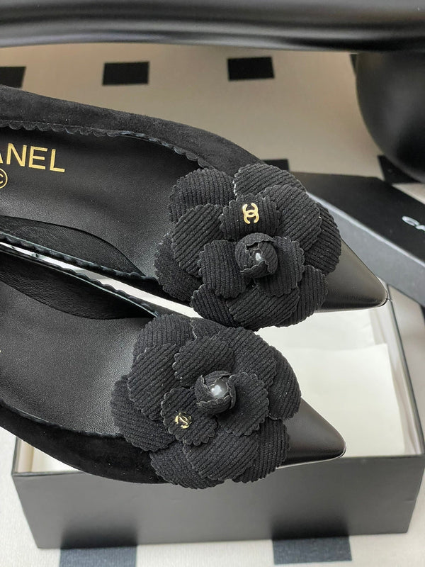 CC 25C Classic Camellia Pointed High Heels Pump 35mm Black Suede 247614