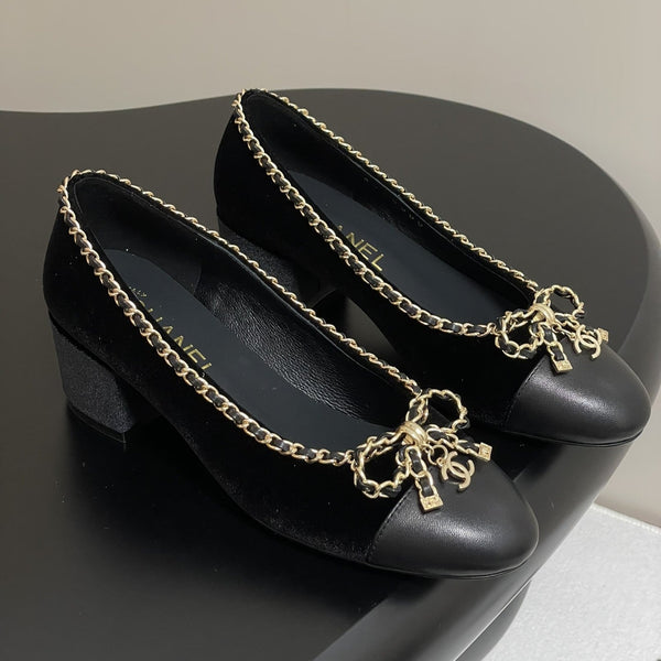 CC 25S 60mm Chain Bow Single Pumps Black Velvet Sheepskin 247660