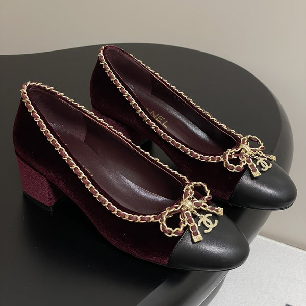 CC 25S 60mm Chain Bow Single Pumps Borgogna Velvet Nero Montone 247661