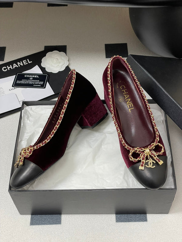 CC 25S 60mm Chain Bow Single Pumps Borgogna Velvet Nero Montone 247661
