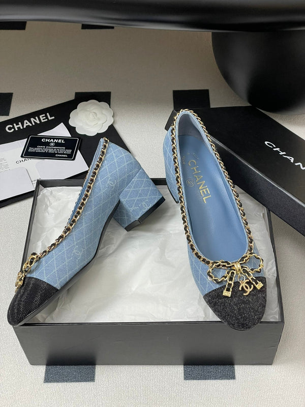 CC 25S 60mm Chain Bow Single Pumps Blue Denim Black Grosgrain 247665