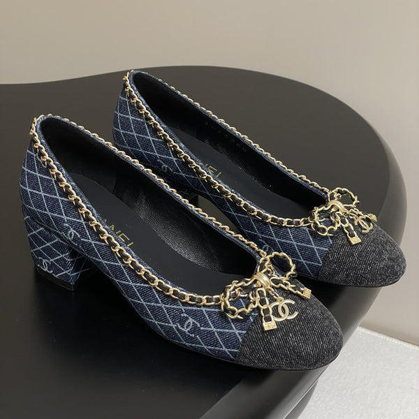 CC 25S 60mm Chain Bow Single Pumps Dark Blue Denim Black Grosgrain 247666