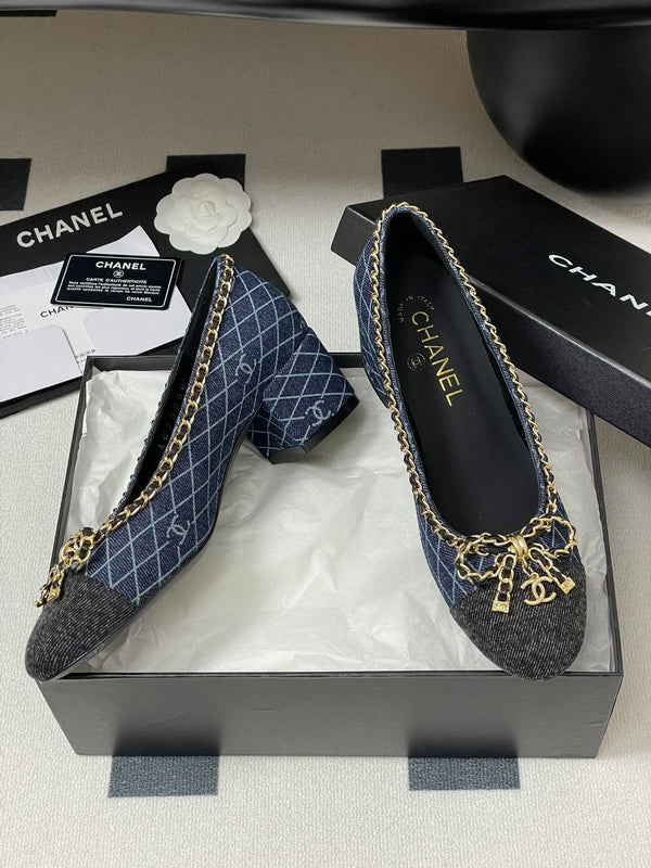 CC 25S 60mm Chain Bow Single Pumps Dark Blue Denim Black Grosgrain 247666