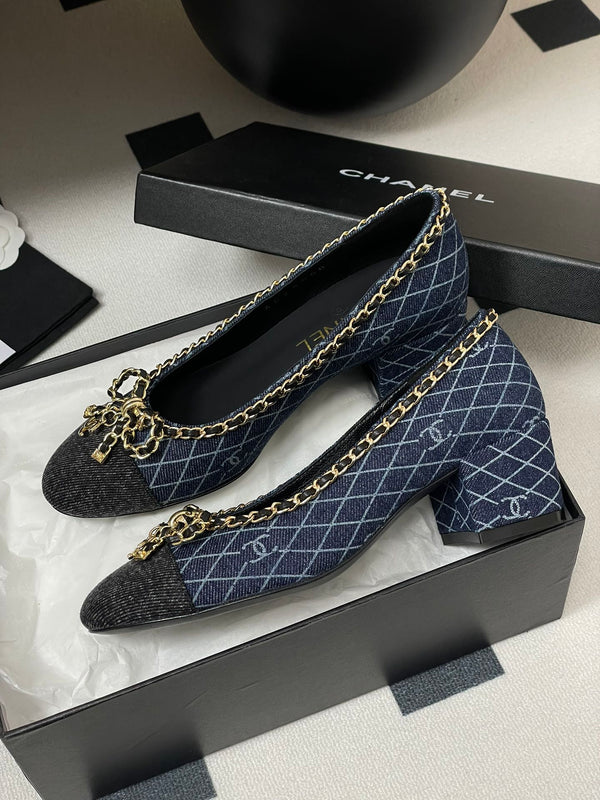 CC 25S 60mm Chain Bow Single Pumps Dark Blue Denim Black Grosgrain 247666