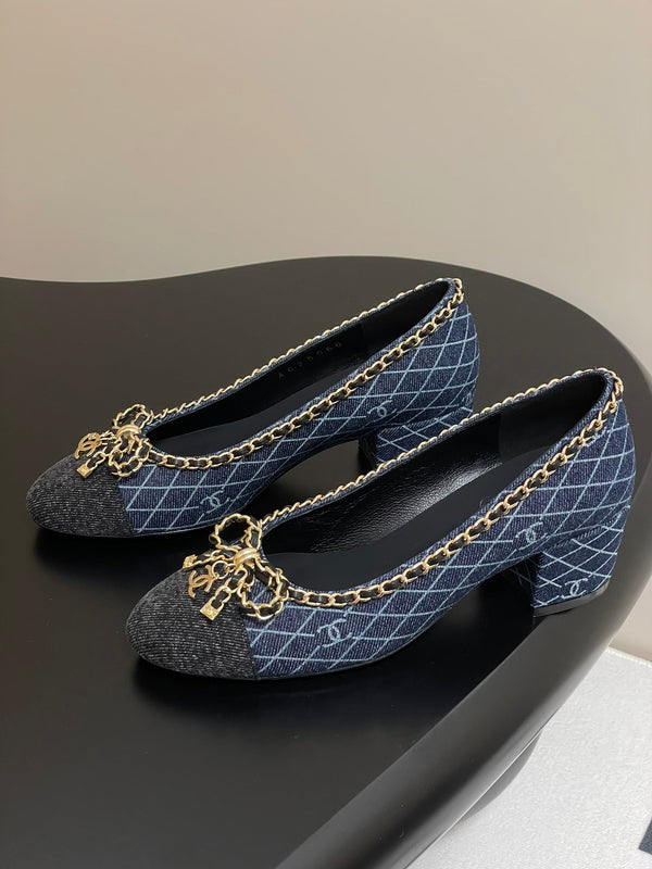 CC 25S 60mm Chain Bow Single Pumps Dark Blue Denim Black Grosgrain 247666