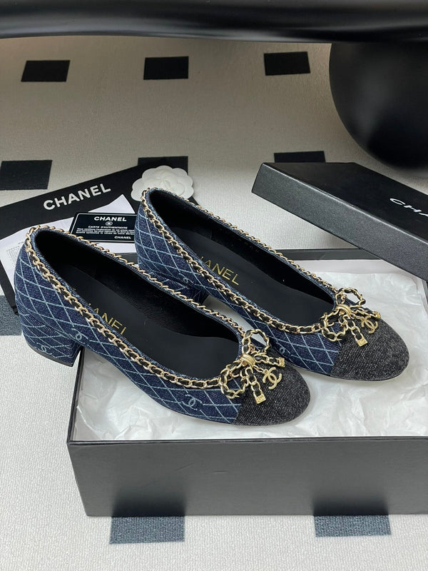CC 25S 60mm Chain Bow Single Pumps Dark Blue Denim Black Grosgrain 247666