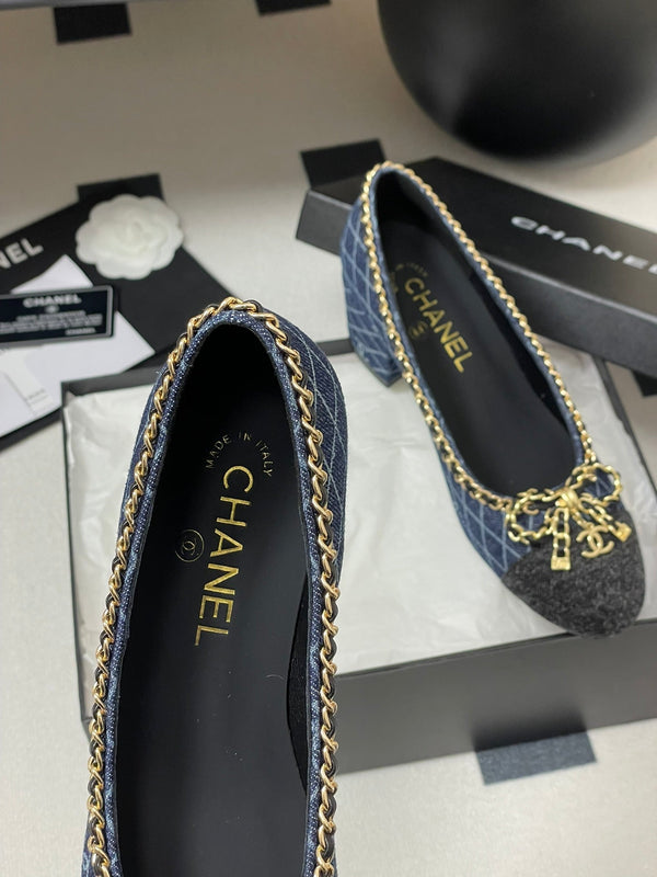 CC 25S 60mm Chain Bow Single Pumps Dark Blue Denim Black Grosgrain 247666