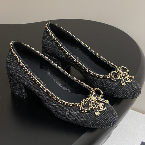CC 25S 60mm Chain Bow Single Pumps Black Denim Black Grosgrain 247667