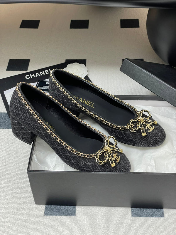 CC 25S 60mm Chain Bow Single Pumps Black Denim Black Grosgrain 247667