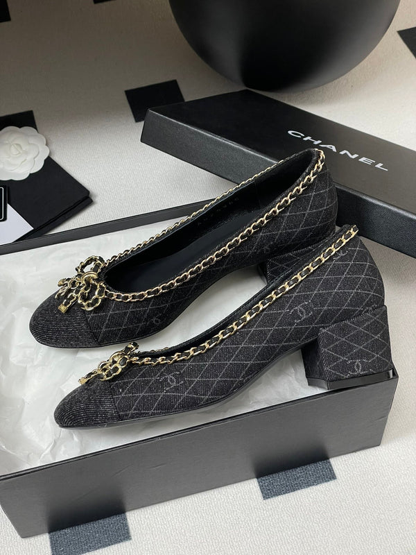 CC 25S 60mm Chain Bow Single Pumps Black Denim Black Grosgrain 247667