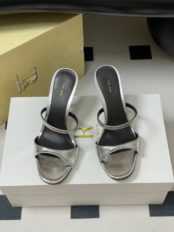 The Row 25S Strap High Heel Mule Sandals 85mm Black Mix Silver Metallic Cowhide 286209
