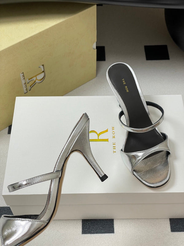 The Row 25S Strap High Heel Mule Sandals 85mm Black Mix Silver Metallic Cowhide 286209