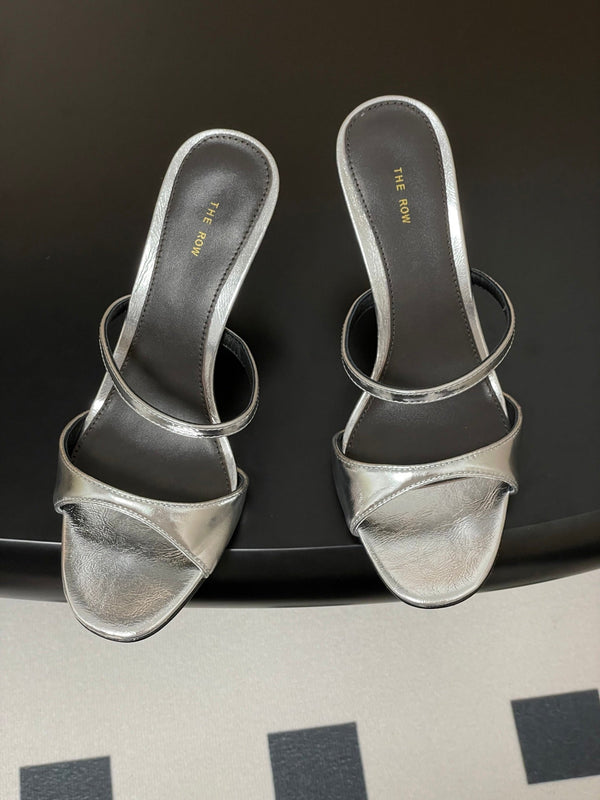 The Row 25S Strap High Heel Mule Sandals 85mm Black Mix Silver Metallic Cowhide 286209