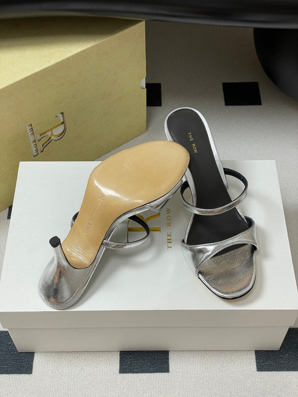 The Row 25S Strap High Heel Mule Sandals 85mm Black Mix Silver Metallic Cowhide 286209