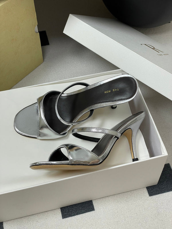 The Row 25S Strap High Heel Mule Sandals 85mm Black Mix Silver Metallic Cowhide 286209