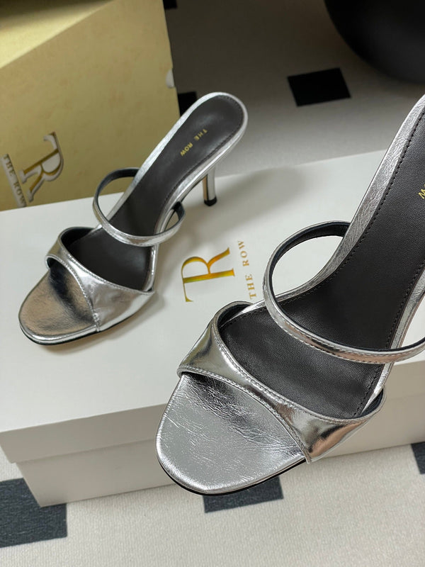 The Row 25S Strap High Heel Mule Sandals 85mm Black Mix Silver Metallic Cowhide 286209