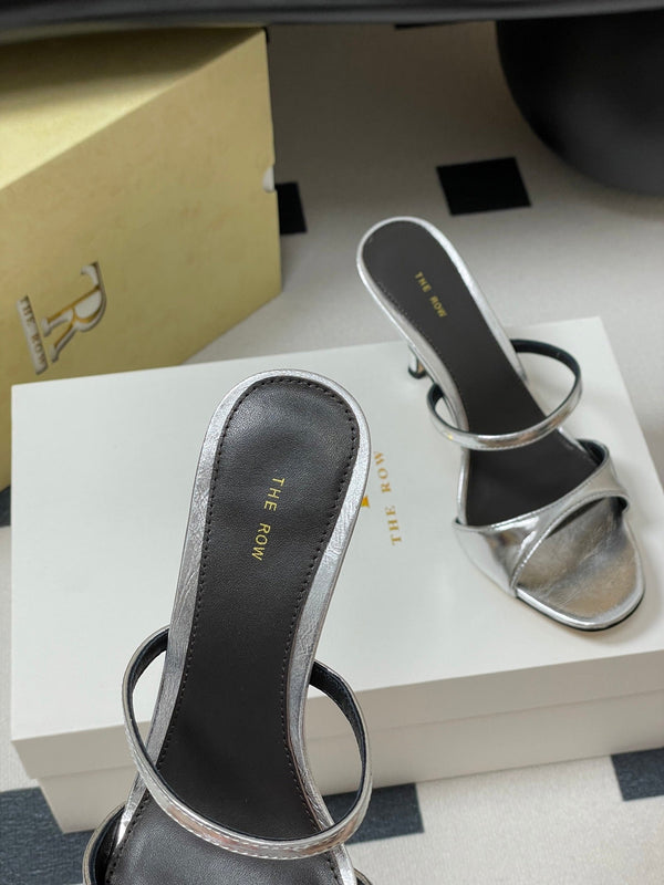 The Row 25S Strap High Heel Mule Sandals 85mm Black Mix Silver Metallic Cowhide 286209