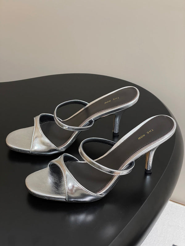 The Row 25S Strap High Heel Mule Sandals 85mm Black Mix Silver Metallic Cowhide 286209