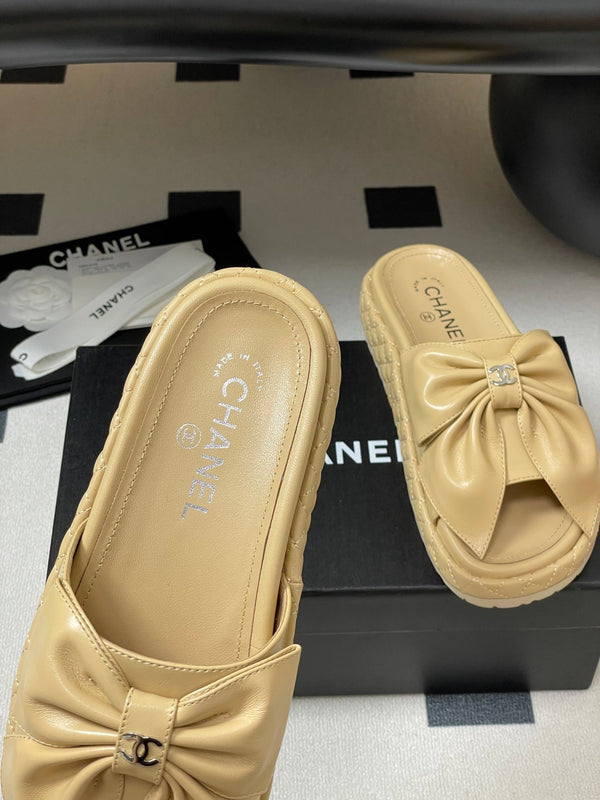 CC 25SS Big Bow Thick-soled Mule Sandals Beige Lambskin 319706