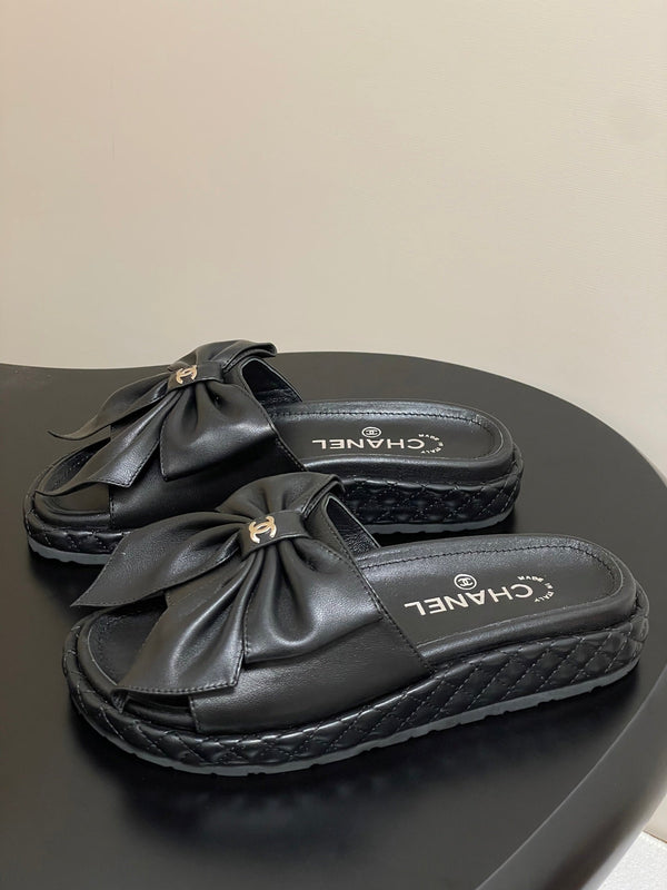 CC 25SS Big Bow Thick-soled Mule Sandals Black Lambskin 319708