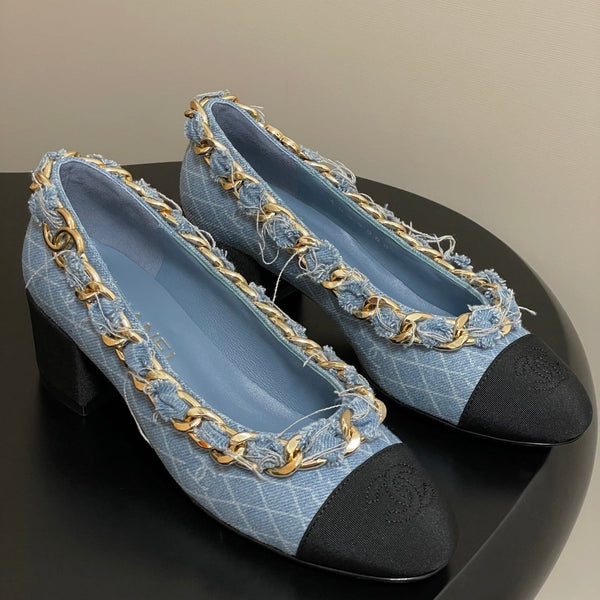 Chanel 25A 55mm Pump Big Chain Double C Blue Denim Sheepskin 393812