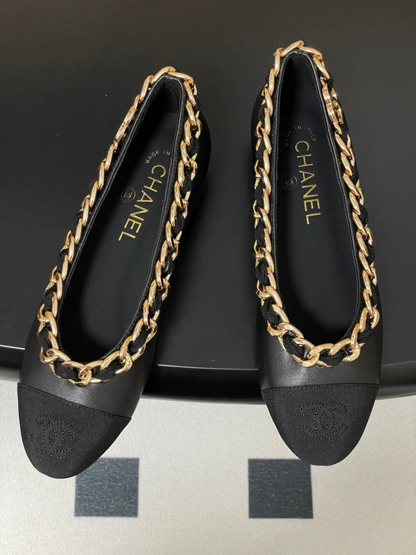Chanel 25A Ballet Flats Big Chain Double C Black Sheepskin 393820