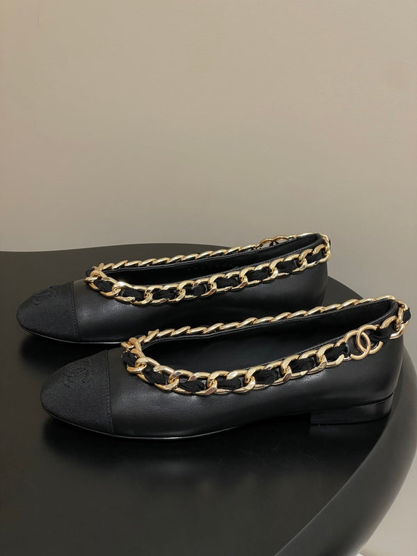 Chanel 25A Ballet Flats Big Chain Double C Black Sheepskin 393820