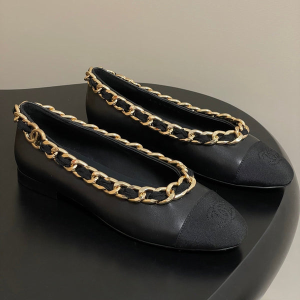 Chanel 25A Ballet Flats Big Chain Double C Black Sheepskin 393820