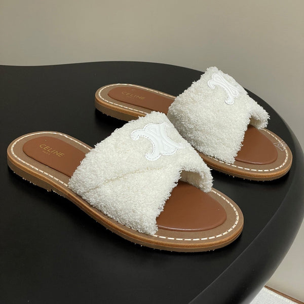 CL 25s Lympia Twisted Sandal White Brown Sheepskin Plush Cloth 416657