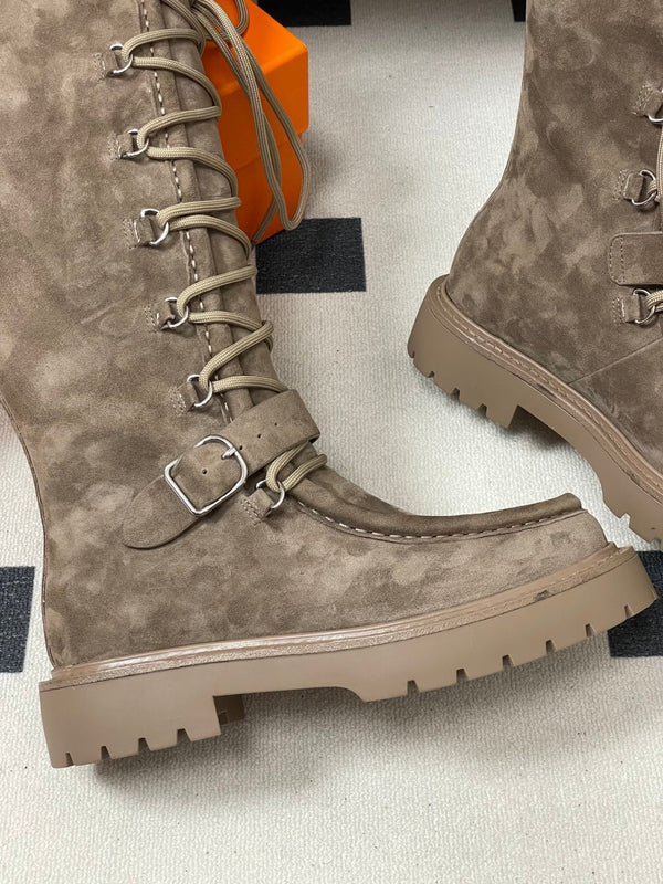 HM Lace Up Boots 25mm Belt Buckle Taupe Suede