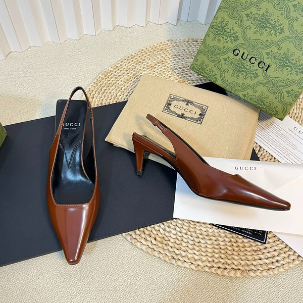 Slingback GG da donna in pelle liscia con logo G color marrone pan di zenzero