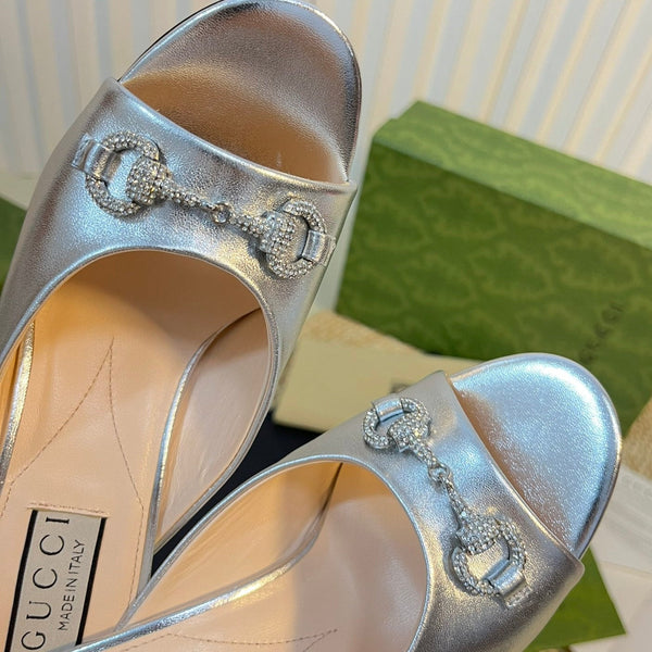 GG  Women's Horsebit mid-heel slide sandal in Silver