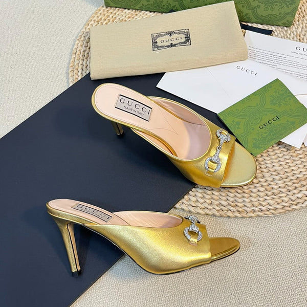 GG  Women's Horsebit mid-heel slide sandal in Gold