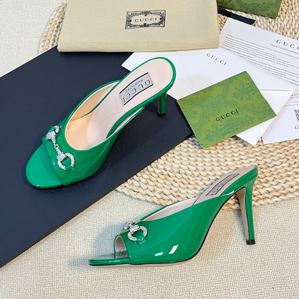 GG  Women's Horsebit mid-heel slide sandal in glossy Jade Green