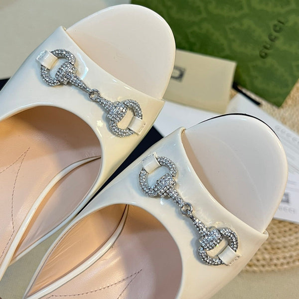 GG  Women's Horsebit mid-heel slide sandal in glossy White leather