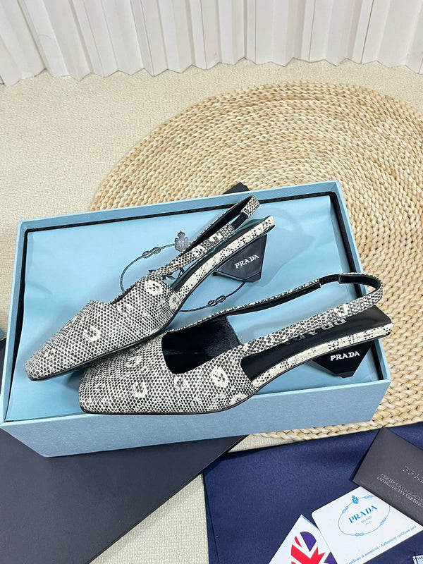 PRA SQUARE TOE SLINGBACK PUMPS SNAKESKIN MOTIF SATIN