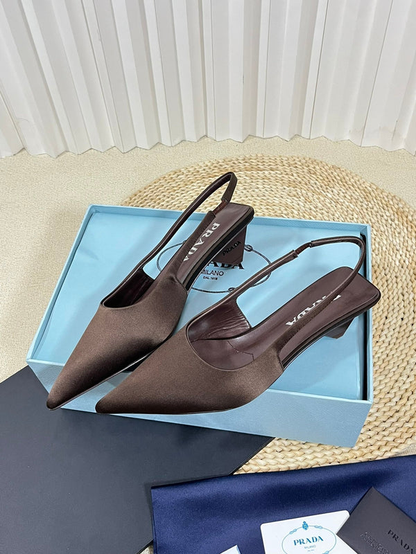 PRA POINTED TOE SLINGBACK PUMPS CHOCOLATE SATIN