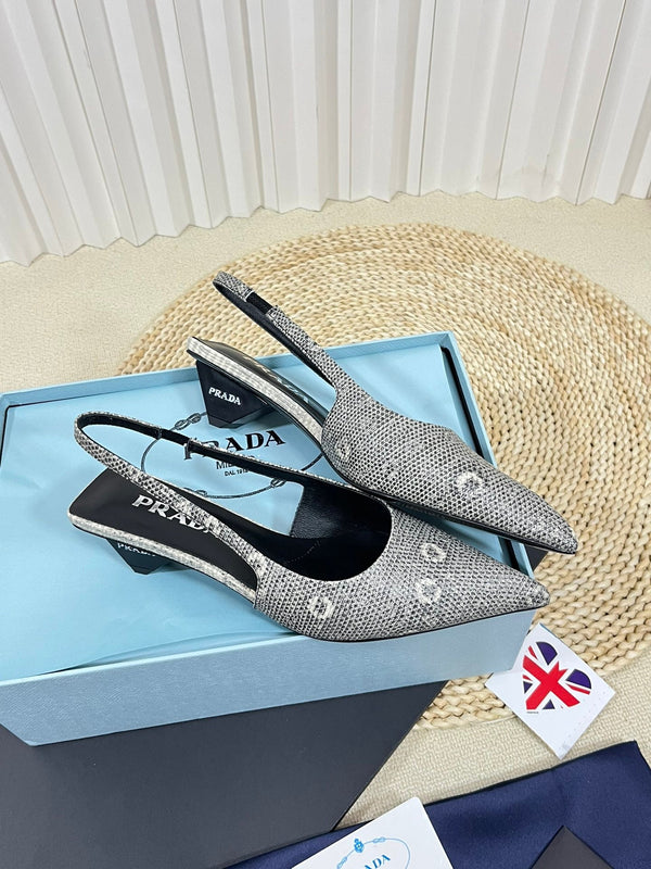 PRA POINTED TOE SLINGBACK PUMPS SNAKESKIN MOTIF SATIN